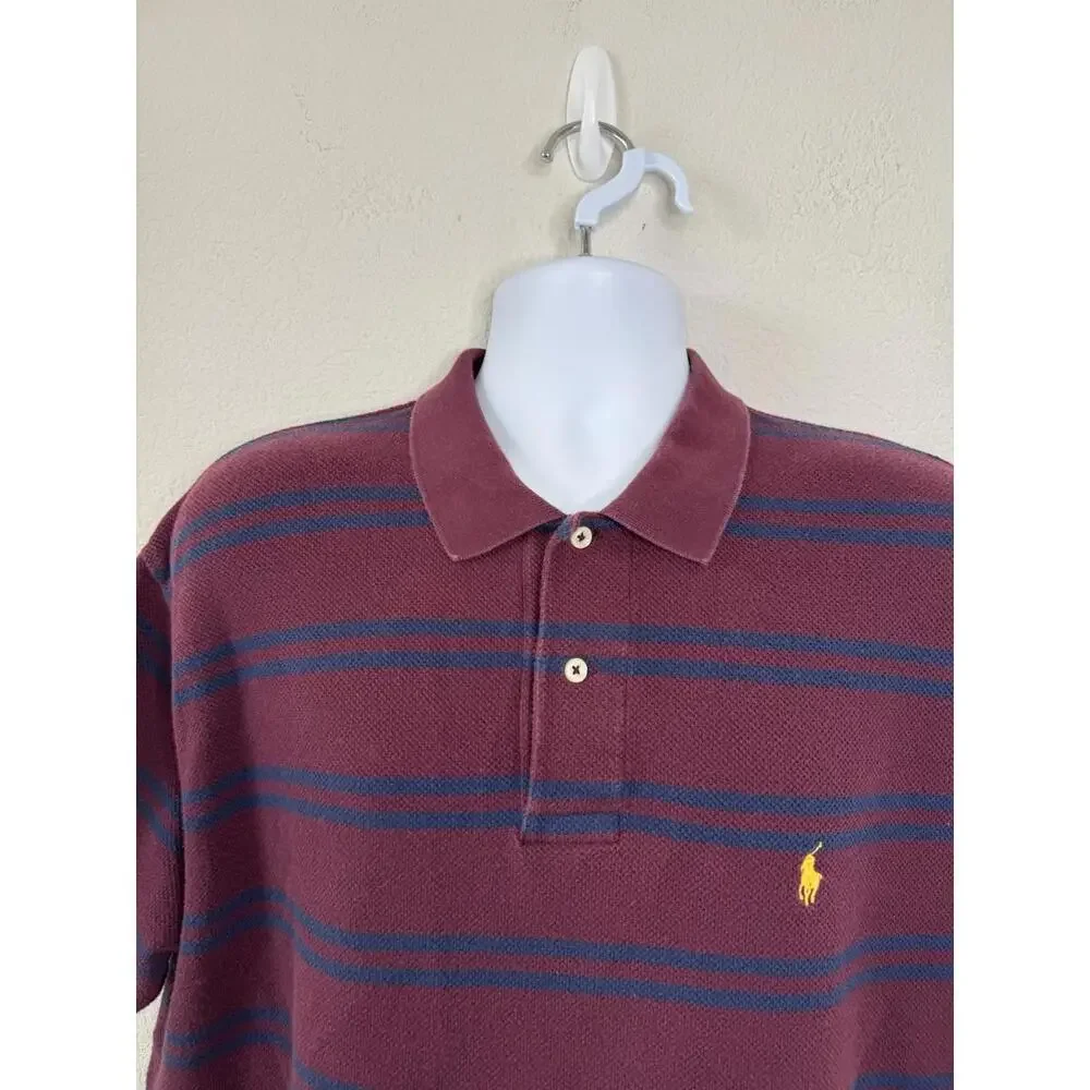 Vtg Ralph Lauren Polo Shirt Men’s Xl Burgundy Striped Preppy Pony Rugby Academia